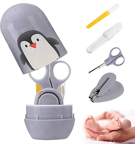 Babypflege Set mit Baby Nagelschere, für Fingernägel und Fußnägel mit Nagelknipser, Nagelschere, Nagelfeile und Pinzette für Kinder und Neugeborene in Geschenk-Verpackung (grau)