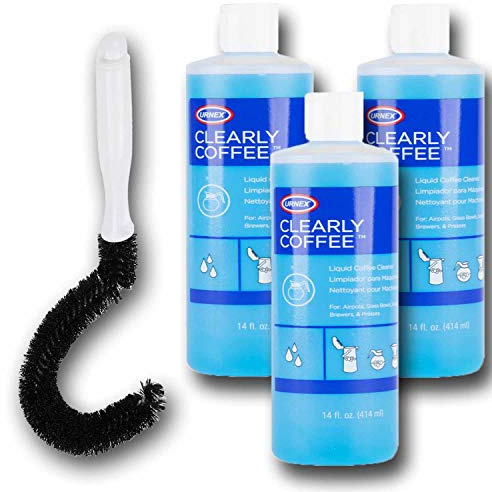 Urnex Clearly Coffee Pot Cleaner, French Press Liquid Cleaner for Brewers Glass Bowls and Thermal Servers Removes Coffee Oils (3 x14 Ounce) bundled with Sparklen Curved Coffee Pot Cleaning Brush