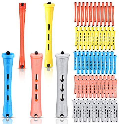 100 Pieces Hair Perm Rods Non-slip Hair Rollers Plastic Cold Wave Perming with Elastic Rubber Band Short Curlers for Hairdressing Styling(Multi-size,Multi-color)