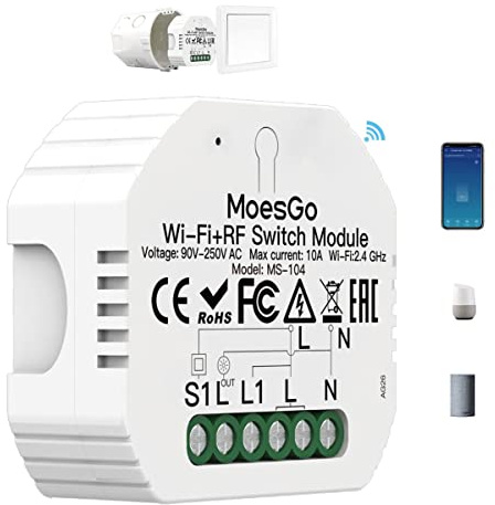 MoesGo WLAN 2.4GHz Smart Alexa Lichtschalter Unterputz Funk Relais,Wireless RF433 Light Switch Modul, Kompatibel mit Smart Life Tuya App, Alexa und Google Home, 1/2 Weg【Neutralleiter erforderlich】