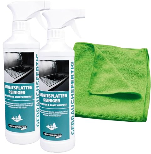 stein-reiniger Arbeitsplatten-Reiniger Naturstein & Quarz | 2x 500 ml Set | Marmorreiniger inkl. Microfasertuch | Entfernt Fett & Öl streifenfrei | LFGB geprüft für Kontakt mit Lebensmitteln
