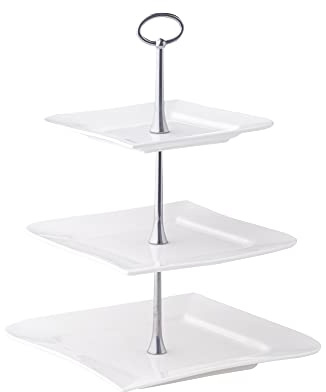 AMBITION Soporte de porcelana de 3 pisos, 24,5 x 24,5 cm, cuadrado, soporte para tartas, frutas, tartas, etc