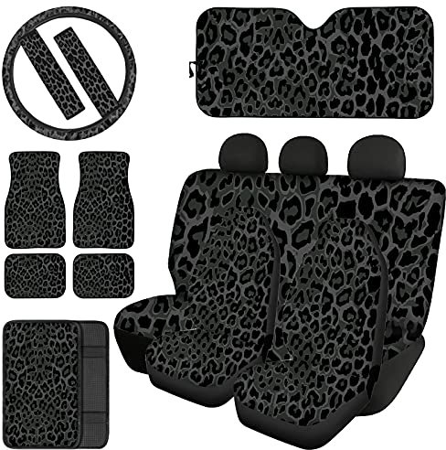 HUIACONG Schwarze Leoparden-Sitzbezüge für Autos für Damen, komplettes Set, Geparden-Autozubehör, Sonnenschutz, Windschutzscheibe, Auto-Fußmatten, Lenkradbezug, Sicherheitsgurtpolster,