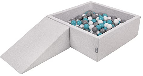 KiddyMoon Spielplatz Aus Schaumstoff Mit Quadrat Bällebad (200 Bälle) Ballgruben Für Babys Spielbad Hindernisläufen, Hergestellt In Der EU, Hellgrau:Grau/Weiß/Türkis