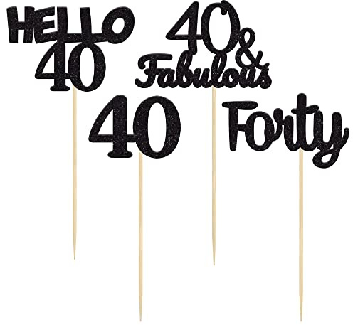Gyufise 24Pcs Black Glitter 40th Birthday Cupcake Toppers Hello 40 Forty Cake Decorations 40 & Fabulous Cupcake Picks for 40th Birthday Cake Decorations Supplies