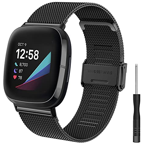 Hatolove Armband für Fitbit Versa 4/Fitbit Versa 3 Damen Herren, Metallarmband aus Edelstahl, Ersatzarmbänder kompatibel mit Fitbit Versa 3, Fitbit Versa 4, Fitbit Sense 2, Fitbit Sense, Schwarz