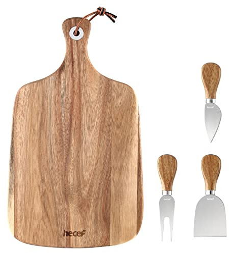 hecef Upgrade Bigger Cheese Board set of 4, a Acacia Wood Cheese Plate and 4 Pcs Knives, Charcuterie Platter Serving Tray for Appetizers, Feast, Housewarming, Cheese Serving