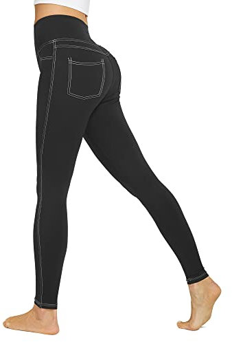 G4Free Leggings für Frauen Hohe Taille Stretchy Jeggings mit Taschen Bauchweg Jeans Look Leggings, Schwarz 1, M
