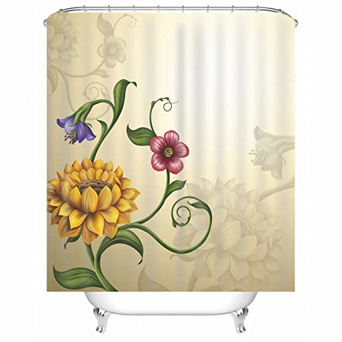 Whoiy Duschvorhang 90X180 Beige, Duschrollo Um Die Ecke Polyester Shower Curtains Sonnenblumen Waschbar Wasserdicht