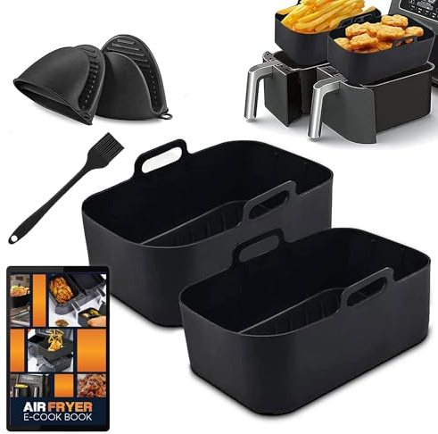 Ninja air Fryer Silicone Liners 6 PC Set & E-Cookbook 2024 Extra Durable Version by SIMPLYFRY Reusable Silicone Liner, Mitts, Brush & eBook for Ninja Dual