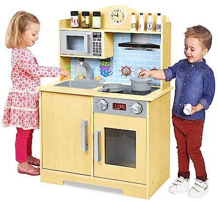 YRHome Kinderküche Holz Spielküche Küchen-Zubehör Kinder Küche Holzküche Puppenküche Spielzeugküche Kinderspielküche Rollenspiel Pädagogisches Spielzeug Geschenk für Kinder ab 3 Jahren 56x28,5x92cm