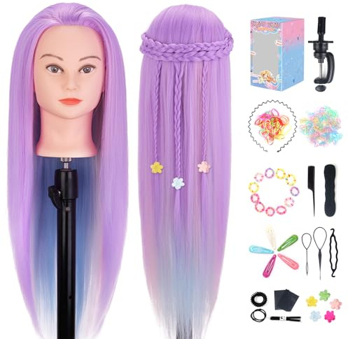 TopDirect Cabeza Peluqueria para Peinar,100% Fibra Sintética 75cm, Macarrón | Cabello Colorido Cabeza Maniqui Peluqueria Practicas Formación Muñeca de Cosmetología con Soporte, Accesorios de Peinado