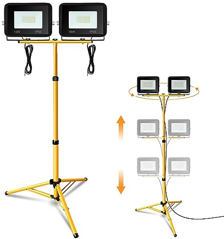 Jiubiaz byggspotlight LED med stativ, 2 x 10 W arbetsstrålkastare 900 LM byggstrålkastare 6000 K kall vit, höjdjusterbart stativ och 1 m kabel, IP66 vattentät bygglampa skjul (ingen kontakt)