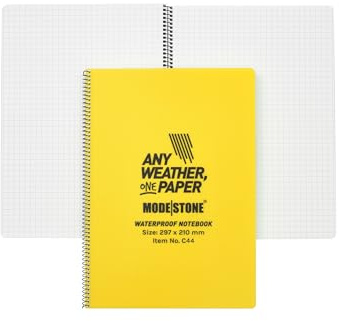 MODESTONE Outdoor Notizbuch A4 29,7 x 21cm gelber Cover | Spiralbindung seitlich 50 Blätter kariert 7x7mm ohne Rand | Wasserfest Reißfest Feuerfest