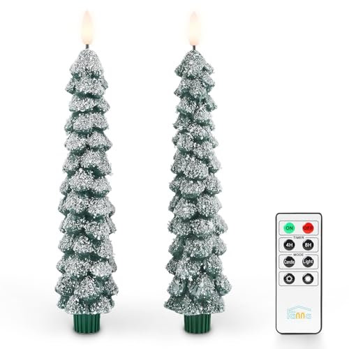 Fanna Lot de 2 Bougies Chandelier LED avec Minuterie pour la décoration intérieure, Chandelle LED avec télécommande en forme de sapin de Noël recouvert de neige pour l'hiver - H 25 cm
