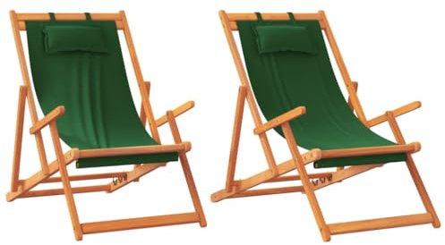 vidaXL Strandstühle 2 STK., Strandstuhl Verstellbar Klappbar, Liegestuhl Strandliege Holzrahmen, Sonnenliege Campingstuhl Klappstuhl, Grün Stoff