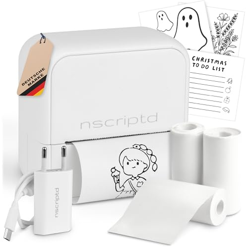 nscriptd Mini Drucker Thermodrucker – Komplett-Set mit 4 Rollen, Kabel & Netzteil – Bluetooth für iOS & Android – Tintenfrei, sofort startklar – Designed in Germany