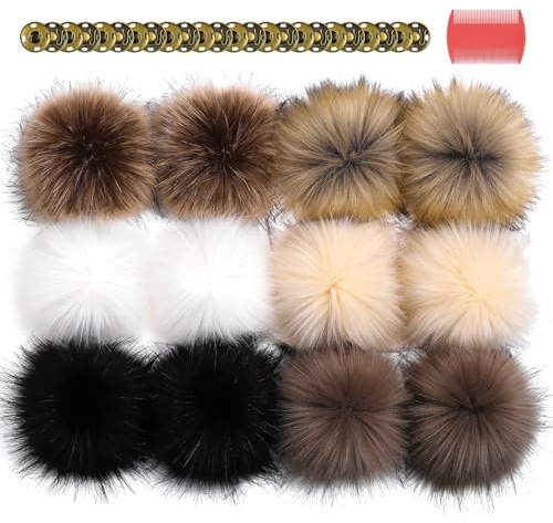 10 CM Faux Fox für Pompoms For Hats, 12 Stück Fellbommel Mit Druckknopf, Bommel für MüTze Fellbommel Pompon Kunstfell Bommel für SchlüSselanhäNger Tasche Mützen Anhänger DIY-Klassischer Stil