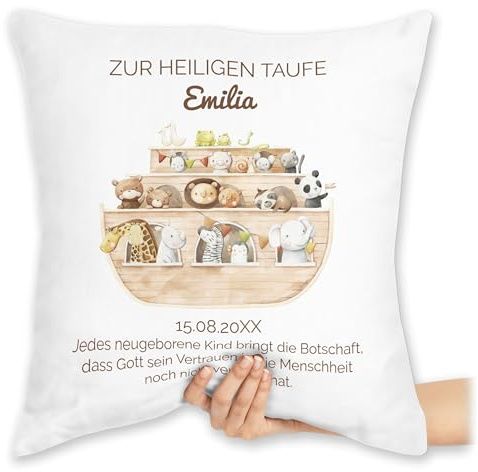 Kissen 40x40 Zierkissen - Arche Noah Motiv | Taufe mit Namen und Datum | Erinnerung Taufgeschenk - 40 x 40 cm - Weiß - taufkissen konfirmation zur taufgeschenke Kommunion Name tauf Geschenke