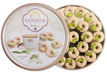 Zaitoune Ghraybeh Cookies - 250 g | Traditional Middle Eastern Pistachio Shortbreads Handcrafted in Turkey | Beautiful Reusable Gift Tin | Perfect for Dessert | Great Sharing Present