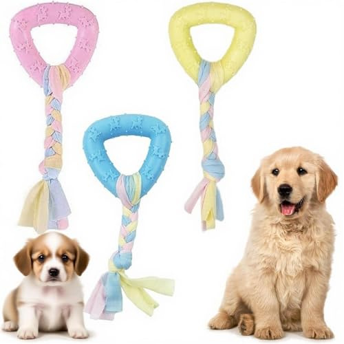 NIYATA 3 pezzi giocattolo cane giocattolo per cuccioli, accessorio per cuccioli, set di 3 giocattoli da masticare cuccioli, gomma interattiva per cani piccoli, favorisce la salute orale (rosa, giallo,
