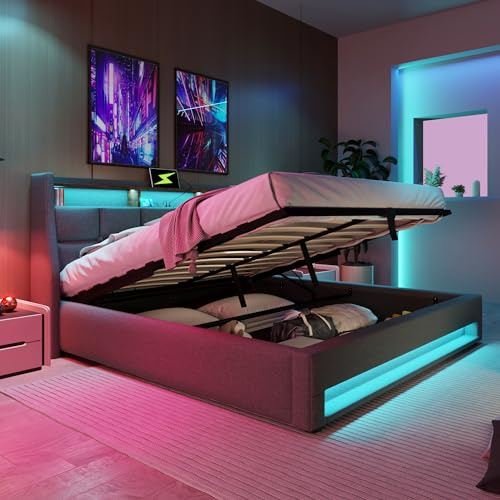 Ctastay Letto Matrimoniale Imbottito 160x200cm con Funzione di Ricarica USB e Striscia Luminosa a LED, Letto Idraulico con Contenitore Sottoletto, Rete a Doghe in Legno e Telaio in Metallo,Grigio.