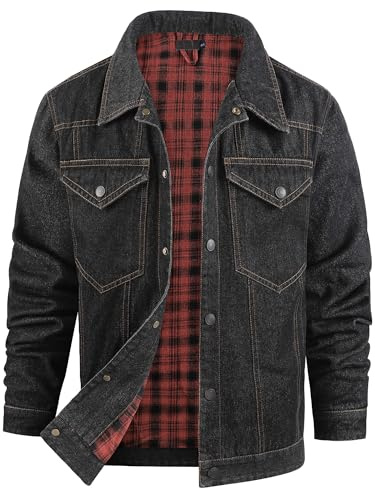 Mr.Stream Truckerjacka för män, denimjacka, herr, västerländsk cowboy pläd, flanellfodrad, tvättad snäpp, jeansjackor, vintagestil, kappor, Svart, L