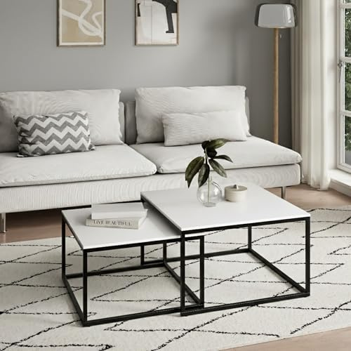 Home Collective Couchtisch 2er Set quadratisch weiß aus Holz, Wohnzimmertisch Modern, Beistelltisch Set 2in1 mit Metallgestell für Wohnzimmer Büro Beistelltisch Loft Design Twin, Kratzfeste Oberfläche
