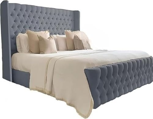 YB INTERIORS LTD 49 Inches High Chesterfield Plush Velvet Grey Wingback Bed Upholstered Bed Frame Double King Size and Super Grey Plush (5FT King Size)