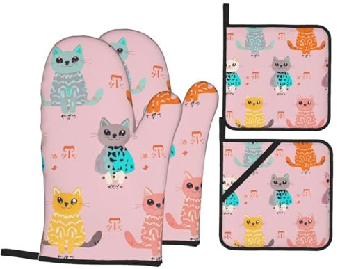 Set di 4 guanti da forno e presine con stampa di gatto animale, guanti resistenti al calore, accessori da cucina resistenti al calore