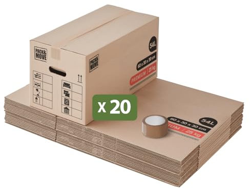 Pack And Move - Set 20 Umzugskartons Premium - 60 x 30 x 30 cm - Extreme Belastbarkeit 30 KG - Wiederverwendbar - Doppelwandig - Verstärkte Griffe - 1 Klebeband Gratis