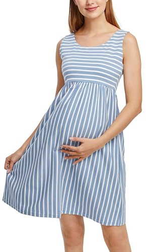 Ecavus Womens Maternity Tank Dress Stripe Color Block Sleeveless Knee Length for Baby Shower