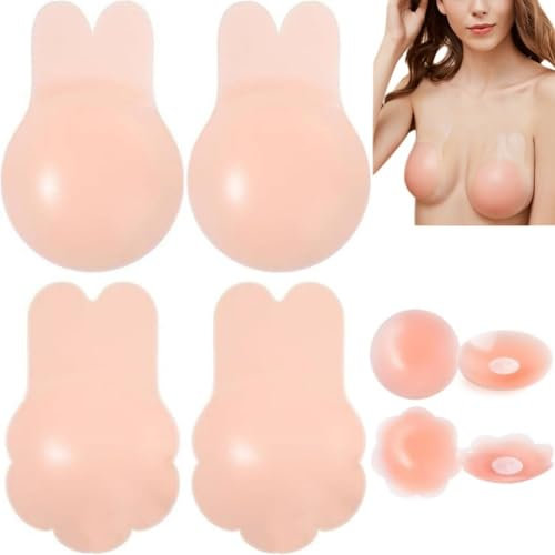 ANGELEMM Silicone Pasties Nipple Covers with Lift - 4 Pairs Sticky Bra Push Up Invisible Adhesive Strapless Bras, Reusable Cup Breast Lift Up Stick on Bra for Backless Dress Women Beige