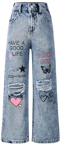 Happy Cherry Jeans Strappati Bambina Denim Pantaloni Gamba Larga Casual Vita Alta Jeans Baggy con Tasche Pantaloni Blu Scuro Dritto Fori Vintage per Ragazze 11-12 Anni