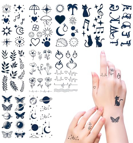 LunarCharm 10 Feuilles Faux Tatouage Noir Tatouages adhésifs temporaires Adultes imperméables Tatouage Fille Bras Autocollant à Coller