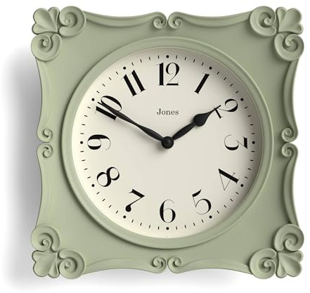 JONES CLOCKS® Rialto Wanduhr | Verzierte quadratische Uhr im Vintage-Stil | 25 cm | Salbeigrün | Ideal für Wohnzimmer oder Schlafzimmer