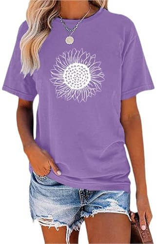 Cicy Bell Maglietta da donna con stampa di girasoli a maniche corte vintage carina grafica a girocollo estiva casual top, viola scuro, L