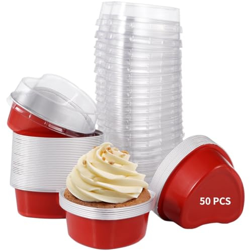 50 moldes para tartas en forma de corazón con tapas, 100 ml de aluminio para el día de San Valentín, día de la madre, bodas y cumpleaños