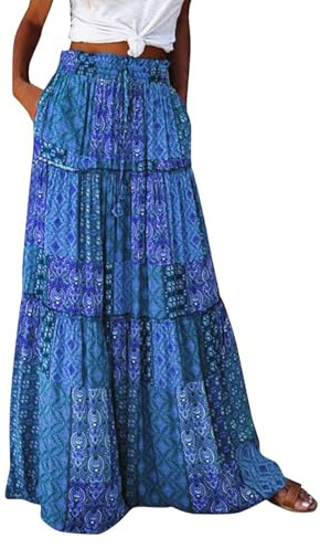 Plissee Rock Damen Lang Mit Taschen Beach Strandkleider Sommerrock Damen Leicht Und Luftig Plissee Trachtenrock Sommerkleid Elastische Bund Maxi Röcke Lang Freizeitrock（1-Dark Blue，M）
