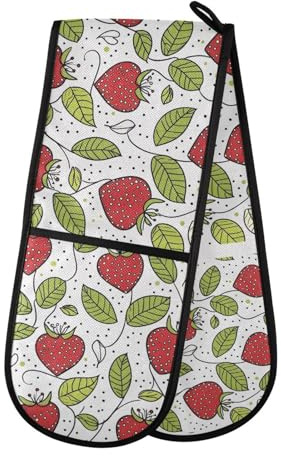 Quteprint Maniques doubles matelassées en forme de feuilles de fraise, résistantes à la chaleur, 17,8 x 88,9 cm de long, pour pâtisserie, barbecue, barbecue et micro-ondes – Lavable en machine avec