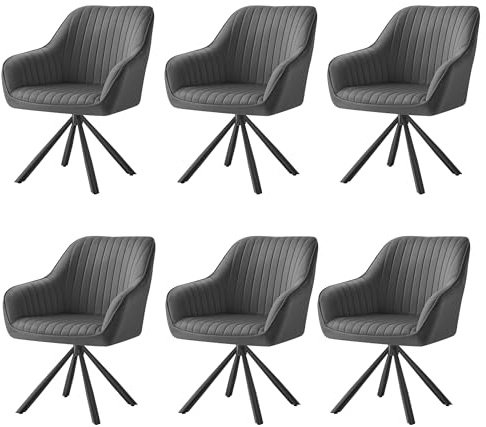 SONGMICS Esszimmerstuhl 6er Set, Küchenstuhl, Sessel drehbar, Samt, Polsterstuhl mit Armlehnen, bis 120 kg belastbar, Stahlbeine, für Esszimmer Küche, grau-tintenschwarz KDC161G16V1