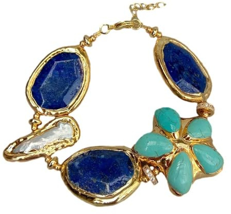 VWWJCCRO Blue Faceted Chunk Flower White Biwa Pearl With Electroplated Edge Bracelet