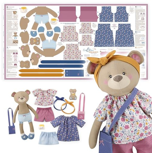 kullaloo Cut & Sew Stoff Paneel auf Baumwolle – Anziehpuppe mit Kleidung selber nähen, inkl. Teddybär, Kleid, Tunika und mehr – Öko-Tex 100 zertifiziert – Dress Me Besties BETSY BÄR