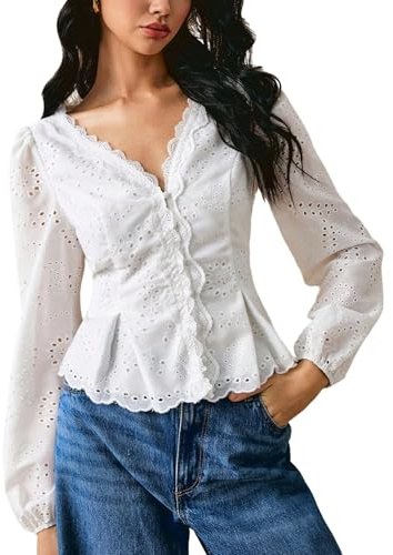 GORGLITTER Trachtenbluse Damen Modern Elegant Dirndlbluse Spitze Langarm Hemdbluse Blusenshirt Spitzen Oberteil Winter Blusentop Business Outfit Weiß M