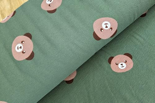 Sommersweat Meterware Krepp - French-Terry Sweatstoff Tiere - Sweat Stoff, Pullistoff, Dicker Jersey Kinder *Ab 50cm, Farbe: 001 Bärengesicht grün