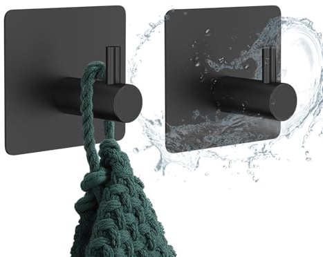 Mandouer Handtuchhalter Ohne Bohren Schwarz, Klebehaken Extra Stark | Edelstahl Wandhaken selbstklebend, wasserfest und rostfrei, hält bis zu 6kg, für Bad, Toilette und Küche (2 Stück)