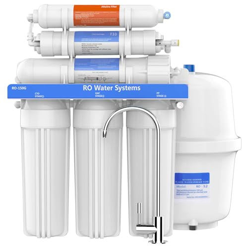 RO-150 Sistema de ósmosis inversa de 6 etapas con filtro alcalino pH + | 150 GPD de alto caudal | Grifo sin plomo y materiales aptos para alimentos | Para cocina, hogar y agua potable pura