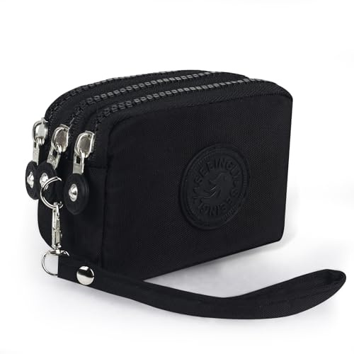 HYJMA Women's Coin Purse with 3 Zippered Compartments - Mini Wallet for Cash, Credit Cards, ID, Jewelry, Keys - Secure Zipper Closure, Compact Travel Pouch (Black)
