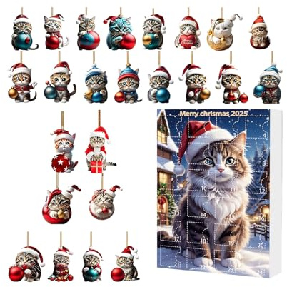 Calendrier De L Avent Pour Noel 2025 - Calendrier de l'Avent 2D Figurine Chat Miniature Acrylique pour Enfant,Pendentif de Noël Mignon pour Femme Sœur Amie Enfant Fille