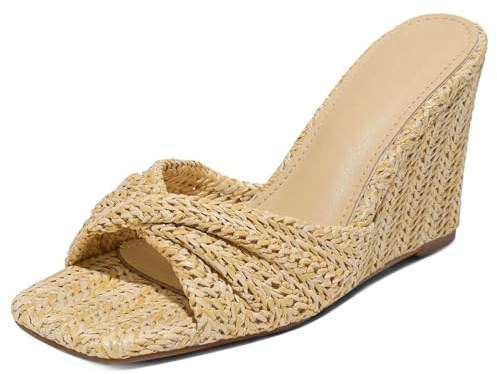 EQAUDES Espadrille Wedge Sandals for Women Summer Raffia Braided Square Open Toe Slides - Wedge Heels, Slip On, Dressy, Fashion, Beach, Mules sandals